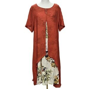 Cellabie Dress Womens 2XL Red Floral Layered Linen Blend Boho Tunic Midi‎ Summer